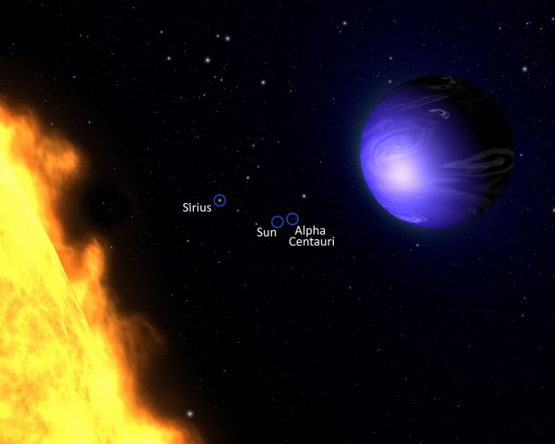 This illustration shows a "hot Jupiter" planet known as HD 189733b orbiting its star, HD 189733. The NASA/ESA Hubble Space Telescope measured the actual visible light colour of the planet, which is deep blue. This colour is not due to the presence of oceans, but is caused by the effects of a scorching atmosphere where silicate particles melt to make "raindrops" of glass that scatter blue light more than red light. Credit: NASA, ESA, and G. Bacon (AURA/STScI) This illustration shows a "hot Jupiter" planet known as HD 189733b orbiting its star, HD 189733. The NASA/ESA Hubble Space Telescope measured the actual visible light colour of the planet, which is deep blue. This colour is not due to the presence of oceans, but is caused by the effects of a scorching atmosphere where silicate particles melt to make "raindrops" of glass that scatter blue light more than red light. Credit: NASA, ESA, and G. Bacon (AURA/STScI)