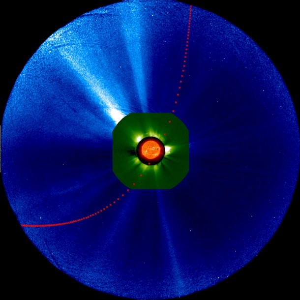Predicted hour-by-hour position of Comet ISON in various instruments on one of NASA’s Solar Terrestrial Relations Observatory spacecraft between 1 a.m. EST on Nov. 26, 2013, and 7 p.m. EST on Nov. 29, 2013. The blue field of view is from the outer coronagraph and green from the inner coronagraph. Image Credit: NASA/STEREO/Goddard Space Flight Center Predicted hour-by-hour position of Comet ISON in various instruments on one of NASA’s Solar Terrestrial Relations Observatory spacecraft between 1 a.m. EST on Nov. 26, 2013, and 7 p.m. EST on Nov. 29, 2013. The blue field of view is from the outer coronagraph and green from the inner coronagraph. Image Credit: NASA/STEREO/Goddard Space Flight Center