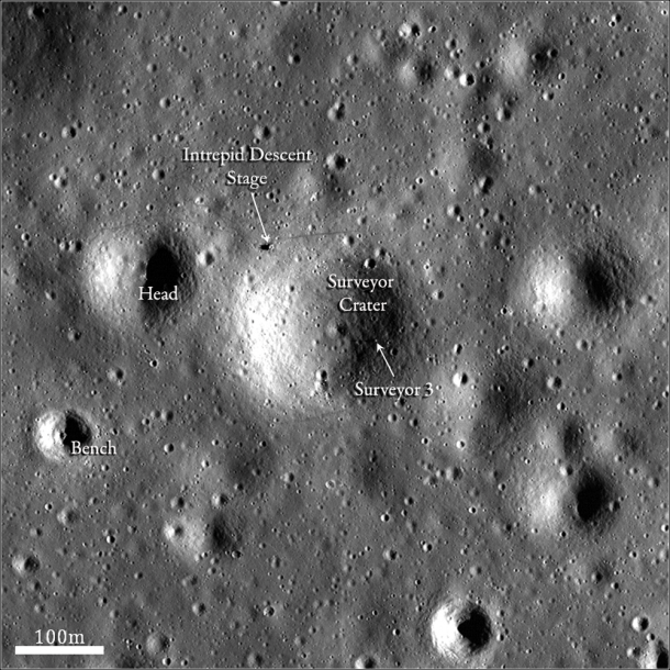 This image from the Lunar Reconnaissance Orbiter shows the Apollo 12 and Surveyor 3 landing sites. Image Credit: NASA/Goddard/Arizona State University This image from the Lunar Reconnaissance Orbiter shows the Apollo 12 and Surveyor 3 landing sites. Image Credit: NASA/Goddard/Arizona State University