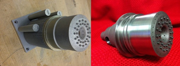 Left: 3-D printed rocket injector as it looked immediately after it was removed from the selected laser melting printer. Right: Injector after inspection and polishing. Image Credit: NASA/MSFC Left: 3-D printed rocket injector as it looked immediately after it was removed from the selected laser melting printer. Right: Injector after inspection and polishing. Image Credit: NASA/MSFC