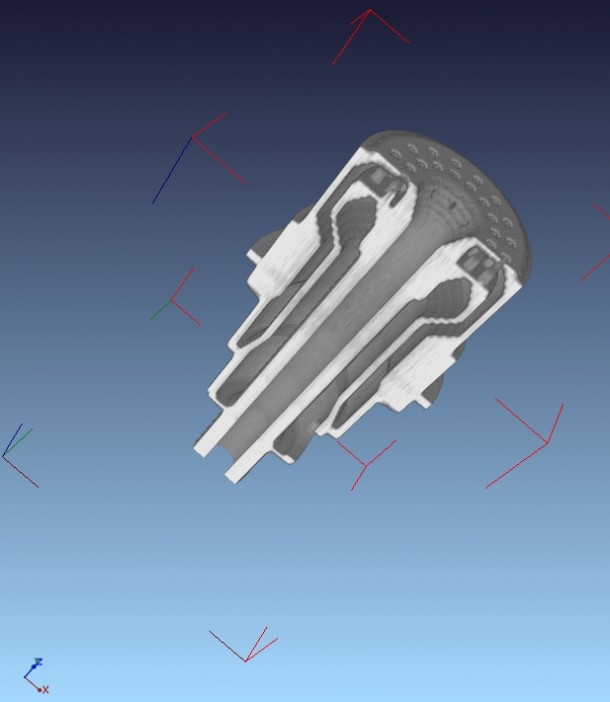 Before testing the 3-D printed rocket injector, materials engineers at the Marshall Center performed a computer tomography scan to ensure the part was fabricated according to the design. Image Credit: NASA/MSFC Before testing the 3-D printed rocket injector, materials engineers at the Marshall Center performed a computer tomography scan to ensure the part was fabricated according to the design. Image Credit: NASA/MSFC
