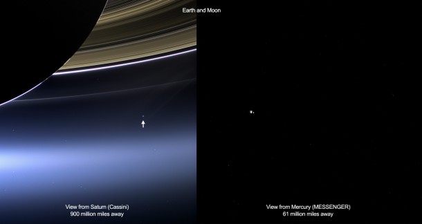 These images show views of Earth and the moon from NASA's Cassini (left) and MESSENGER spacecraft (right) from July 19, 2013. Image Credit: NASA/JPL-Caltech/Space Science Institute and NASA/Johns Hopkins University Applied Physics Laboratory/Carnegie Institution of Washington These images show views of Earth and the moon from NASA's Cassini (left) and MESSENGER spacecraft (right) from July 19, 2013. Image Credit: NASA/JPL-Caltech/Space Science Institute and NASA/Johns Hopkins University Applied Physics Laboratory/Carnegie Institution of Washington