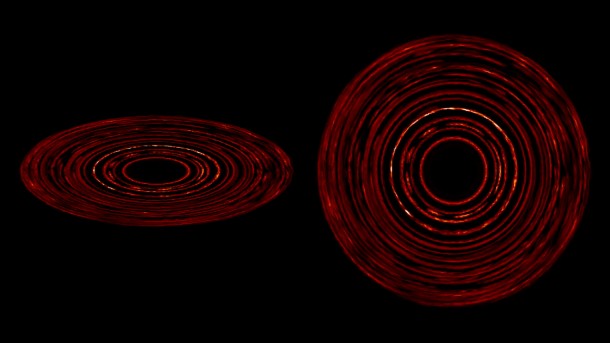 Debris disks around stars naturally form complex structures without the presence of a planet. This image shows the dust density and the growth of structure in a simulated disk, which extends about 100 times farther from its star than Earth's orbit around the sun. At left, the disk is seen from 24-degree angle; at right, it's face-on. Lighter colors show greater dust concentrations. Image credit: NASA Goddard/JPL-Caltech Debris disks around stars naturally form complex structures without the presence of a planet. This image shows the dust density and the growth of structure in a simulated disk, which extends about 100 times farther from its star than Earth's orbit around the sun. At left, the disk is seen from 24-degree angle; at right, it's face-on. Lighter colors show greater dust concentrations. Image credit: NASA Goddard/JPL-Caltech