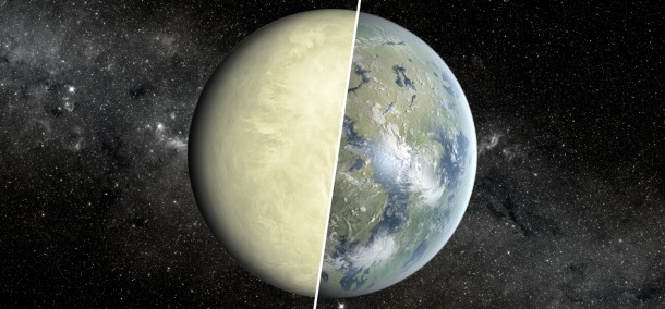 This artist's concept shows a Super Venus planet on the left, and a Super Earth on the right. Image credit: NASA/JPL-Caltech/Ames´ This artist's concept shows a Super Venus planet on the left, and a Super Earth on the right. Image credit: NASA/JPL-Caltech/Ames
