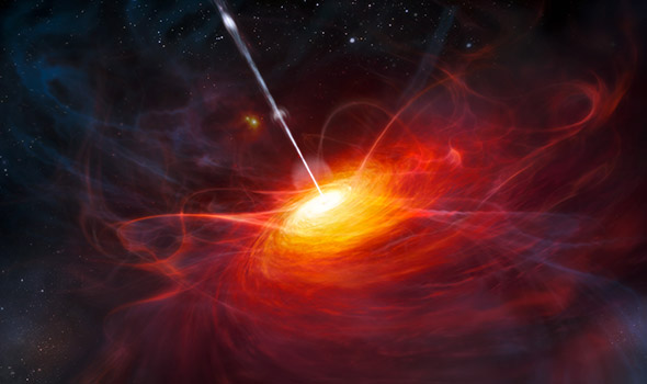 Artist’s rendering of ULAS J1120+0641, a quasar powered by a black hole with a mass 2 billion times that of the Sun. (Photo by ESO/M. Kornmesser) Artist’s rendering of ULAS J1120+0641, a quasar powered by a black hole with a mass 2 billion times that of the Sun. (Photo by ESO/M. Kornmesser)