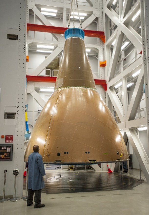 NASA engineers and contractors conduct static loads testing of the Orion Launch Abort System (LAS) Fairing Assembly, flight hardware that will be used to cover and protect the Orion crew module during Exploration Flight Test-1 (EFT-1), scheduled for September 2014. Image Credit: Lockheed Martin NASA engineers and contractors conduct static loads testing of the Orion Launch Abort System (LAS) Fairing Assembly, flight hardware that will be used to cover and protect the Orion crew module during Exploration Flight Test-1 (EFT-1), scheduled for September 2014. Image Credit: Lockheed Martin