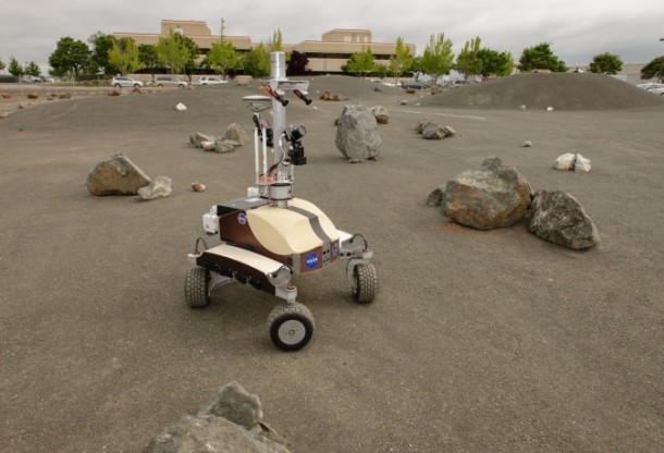 K10 Black planetary rover navigates the boulder field in the Roverscape during a Surface Telerobotics Operational Readiness Test at NASA's Ames Research Center. Image Credit: NASA/Dominic Hart K10 Black planetary rover navigates the boulder field in the Roverscape during a Surface Telerobotics Operational Readiness Test at NASA's Ames Research Center. Image Credit: NASA/Dominic Hart