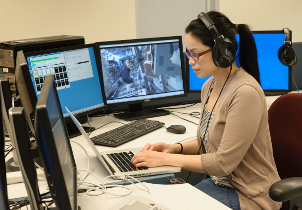 Estrellina Pacis on console as science lead in the Multi-Mission Operations Center during a Surface Telerobotics Operational Readiness Test at NASA's Ames Research Center. Image Credit: NASA/Dominic Hart Estrellina Pacis on console as science lead in the Multi-Mission Operations Center during a Surface Telerobotics Operational Readiness Test at NASA's Ames Research Center. Image Credit: NASA/Dominic Hart