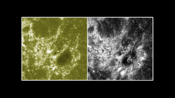 These two images show a section of the sun as seen by NASA's Interface Region Imaging Spectrograph, or IRIS, on the right and NASA's SDO on the left. The IRIS image provides scientists with unprecedented detail of the lowest parts of the sun's atmosphere, known as the interface region. Image Credit: NASA/SDO/IRIS These two images show a section of the sun as seen by NASA's Interface Region Imaging Spectrograph, or IRIS, on the right and NASA's SDO on the left. The IRIS image provides scientists with unprecedented detail of the lowest parts of the sun's atmosphere, known as the interface region. Image Credit: NASA/SDO/IRIS