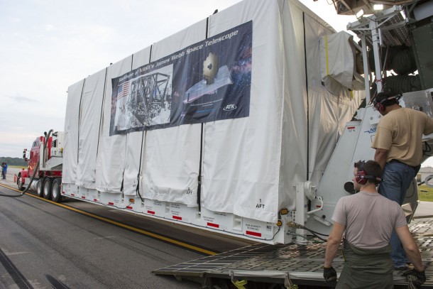 Crews unload the James Webb Space Telescope's "backplane," which was flown aboard a Lockheed C-5 airplane to NASA’s Marshall Space Flight Center in Huntsville, Ala. Image Credit: NASA/MSFC/Fred Deaton Crews unload the James Webb Space Telescope's "backplane," which was flown aboard a Lockheed C-5 airplane to NASA’s Marshall Space Flight Center in Huntsville, Ala. Image Credit: NASA/MSFC/Fred Deaton