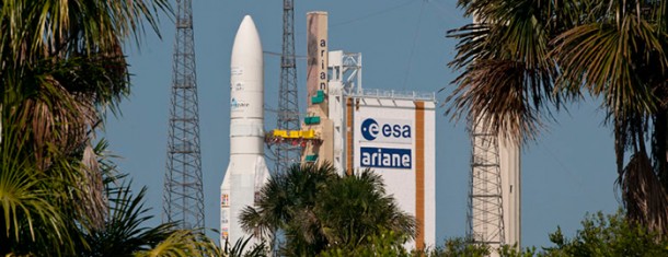 Arianespace's heavy-lift Ariane 5 is shown in the Spaceport’s ELA-3 launch zone prior to its August 29 launch from French Guiana with the EUTELSAT 25B/Es’hail 1 and GSAT-7 spacecraft. Arianespace's heavy-lift Ariane 5 is shown in the Spaceport’s ELA-3 launch zone prior to its August 29 launch from French Guiana with the EUTELSAT 25B/Es’hail 1 and GSAT-7 spacecraft.