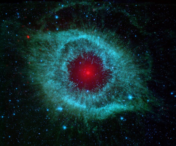 Some say Spitzer's infrared view of the Helix nebula -- a dying star and its scattered remains -- resembles the eye a green monster. Image credit: NASA/JPL-Caltech/Univ.of Ariz. Some say Spitzer's infrared view of the Helix nebula -- a dying star and its scattered remains -- resembles the eye a green monster. Image credit: NASA/JPL-Caltech/Univ.of Ariz.