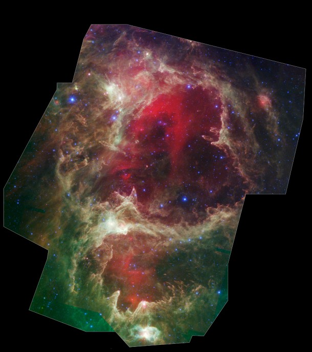 Generations of stars can be seen in this view of a vast star-forming region dubbed W5. Massive stars at the hearts of the cavities are thought to have blown away surrounding material, triggering the birth of new stars. Image credit: NASA/JPL-Caltech/Harvard-Smithsonian CfA Generations of stars can be seen in this view of a vast star-forming region dubbed W5. Massive stars at the hearts of the cavities are thought to have blown away surrounding material, triggering the birth of new stars. Image credit: NASA/JPL-Caltech/Harvard-Smithsonian CfA