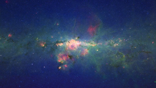 The region around the center of our Milky Way galaxy glows colorfully in this new version of an image taken by NASA's Spitzer Space Telescope. Image credit: NASA/JPL-Caltech The region around the center of our Milky Way galaxy glows colorfully in this new version of an image taken by NASA's Spitzer Space Telescope. Image credit: NASA/JPL-Caltech
