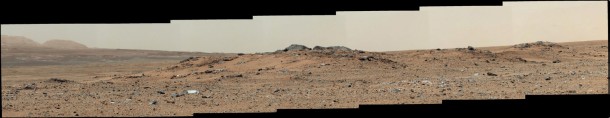 This scene combines seven images from the telephoto-lens camera on the right side of the Mast Camera (Mastcam) instrument on NASA's Mars rover Curiosity. The component images were taken between 11:39 and 11:43 a.m., local solar time, on 343rd Martian day, or sol, of the rover's work on Mars (July 24, 2013). That was shortly before Curiosity's Sol 343 drive of 111 feet (33.7 meters). The rover had driven 205 feet (62.4 meters) on Sol 342 to arrive at the location providing this vista. The center of the scene is toward the southwest. Image Credit: NASA/JPL-Caltech/Malin Space Science Systems This scene combines seven images from the telephoto-lens camera on the right side of the Mast Camera (Mastcam) instrument on NASA's Mars rover Curiosity. The component images were taken between 11:39 and 11:43 a.m., local solar time, on 343rd Martian day, or sol, of the rover's work on Mars (July 24, 2013). That was shortly before Curiosity's Sol 343 drive of 111 feet (33.7 meters). The rover had driven 205 feet (62.4 meters) on Sol 342 to arrive at the location providing this vista. The center of the scene is toward the southwest. Image Credit: NASA/JPL-Caltech/Malin Space Science Systems