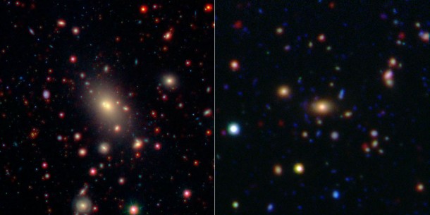 This image shows two of the galaxy clusters observed by NASA's Wide-field Infrared Survey Explorer (WISE) and Spitzer Space Telescope missions. Galaxy clusters are among the most massive structures in the universe. The central and largest galaxy in each grouping, called the brightest cluster galaxy or BCG, is seen at the center of each image. Image credit: NASA/JPL-Caltech/SDSS/NOAO This image shows two of the galaxy clusters observed by NASA's Wide-field Infrared Survey Explorer (WISE) and Spitzer Space Telescope missions. Galaxy clusters are among the most massive structures in the universe. The central and largest galaxy in each grouping, called the brightest cluster galaxy or BCG, is seen at the center of each image. Image credit: NASA/JPL-Caltech/SDSS/NOAO