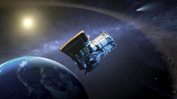 This artist's concept shows the Wide-field Infrared Survey Explorer, or WISE spacecraft, in its orbit around Earth. In September of 2013, engineers will attempt to bring the mission out of hibernation to hunt for more asteroids and comets in a project called NEOWISE. Image credit: NASA/JPL-Caltech This artist's concept shows the Wide-field Infrared Survey Explorer, or WISE spacecraft, in its orbit around Earth. In September of 2013, engineers will attempt to bring the mission out of hibernation to hunt for more asteroids and comets in a project called NEOWISE. Image credit: NASA/JPL-Caltech