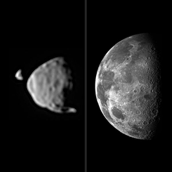 This illustration provides a comparison for how big the moons of Mars appear to be, as seen from the surface of Mars, in relation to the size that Earth's moon appears to be when seen from the surface of Earth. Earth's moon actually has a diameter more than 100 times greater than the larger Martian moon, Phobos. However, the Martian moons orbit much closer to their planet than the distance between Earth and Earth's moon. Credit: NASA/JPL-Caltech/Malin Space Science Systems/Texas A&M Univ. This illustration provides a comparison for how big the moons of Mars appear to be, as seen from the surface of Mars, in relation to the size that Earth's moon appears to be when seen from the surface of Earth. Earth's moon actually has a diameter more than 100 times greater than the larger Martian moon, Phobos. However, the Martian moons orbit much closer to their planet than the distance between Earth and Earth's moon. Credit: NASA/JPL-Caltech/Malin Space Science Systems/Texas A&M Univ.