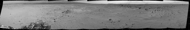 This mosaic of images from the Navigation Camera (Navcam) on NASA's Mars rover Curiosity shows the scene from the rover's position on the 376th Martian day, or sol, of the mission (Aug. 27, 2013). The images were taken right after Curiosity completed the first drive during which it used autonomous navigation on unknown ground. Credit: NASA/JPL-Caltech This mosaic of images from the Navigation Camera (Navcam) on NASA's Mars rover Curiosity shows the scene from the rover's position on the 376th Martian day, or sol, of the mission (Aug. 27, 2013). The images were taken right after Curiosity completed the first drive during which it used autonomous navigation on unknown ground. Credit: NASA/JPL-Caltech