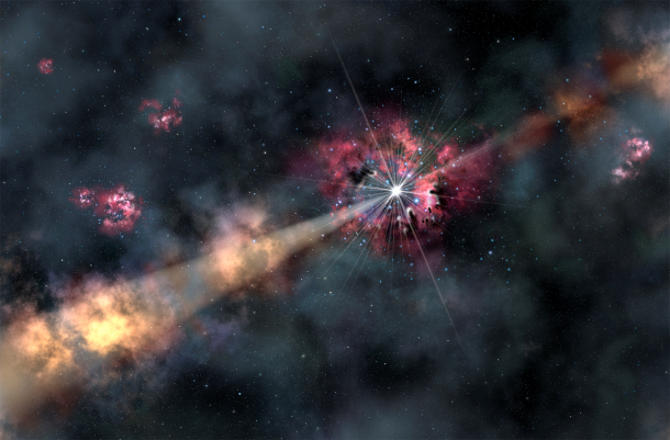This artist's illustration depicts a gamma-ray burst illuminating clouds of interstellar gas in its host galaxy. By analyzing a recent gamma-ray burst, astronomers were able to learn about the chemistry of a galaxy 12.7 billion light-years from Earth. They discovered it contains only one-tenth of the heavy elements (metals) found in our solar system. Credit: Gemini Observatory/AURA, artwork by Lynette Cook This artist's illustration depicts a gamma-ray burst illuminating clouds of interstellar gas in its host galaxy. By analyzing a recent gamma-ray burst, astronomers were able to learn about the chemistry of a galaxy 12.7 billion light-years from Earth. They discovered it contains only one-tenth of the heavy elements (metals) found in our solar system. Credit: Gemini Observatory/AURA, artwork by Lynette Cook