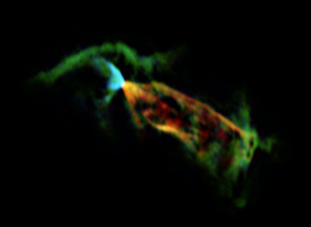 In these observations from ALMA the colours shown represent the motions of the material: the blue parts at the left are a jet approaching the Earth (blueshifted) and the larger jet on the right is receding (redshifted). Credit: ESO/ALMA (ESO/NAOJ/NRAO)/H. Arce In these observations from ALMA the colours shown represent the motions of the material: the blue parts at the left are a jet approaching the Earth (blueshifted) and the larger jet on the right is receding (redshifted). Credit: ESO/ALMA (ESO/NAOJ/NRAO)/H. Arce