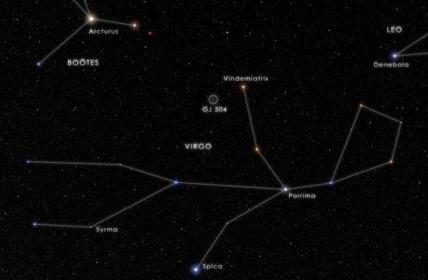 This chart locates the fifth-magnitude star GJ 504, also known as 59 Virginis, which is visible to the unaided eye from suburban skies. Image Credit: NASA’s Goddard Space Flight Center This chart locates the fifth-magnitude star GJ 504, also known as 59 Virginis, which is visible to the unaided eye from suburban skies. Image Credit: NASA’s Goddard Space Flight Center