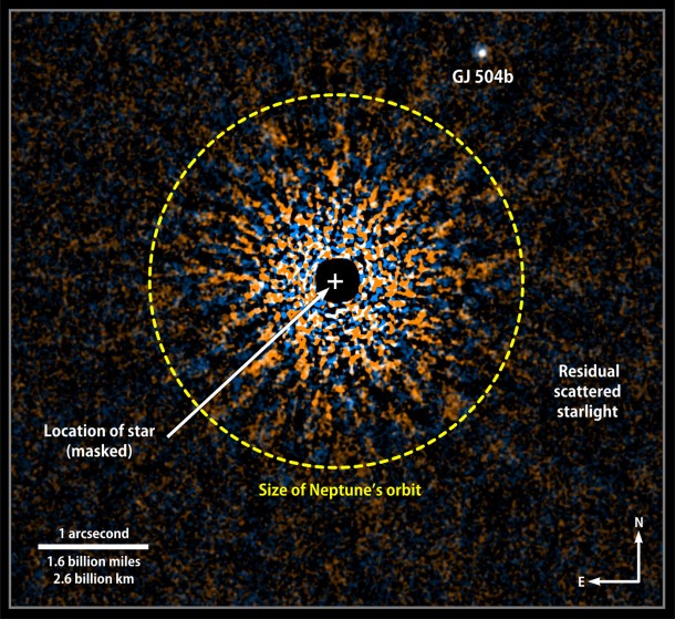 This composite combines Subaru images of GJ 504 using two near-infrared wavelengths (orange, 1.6 micrometers, taken in May 2011; blue, 1.2 micrometers, April 2012). Once processed to remove scattered starlight, the images reveal the orbiting planet, GJ 504b. Image Credit: NASA’s Goddard Space Flight Center/NOAJ This composite combines Subaru images of GJ 504 using two near-infrared wavelengths (orange, 1.6 micrometers, taken in May 2011; blue, 1.2 micrometers, April 2012). Once processed to remove scattered starlight, the images reveal the orbiting planet, GJ 504b. Image Credit: NASA’s Goddard Space Flight Center/NOAJ