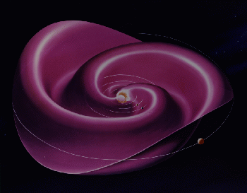 An artist's concept of the heliospheric current sheet, which becomes more wavy when the sun's magnetic field flips. An artist's concept of the heliospheric current sheet, which becomes more wavy when the sun's magnetic field flips.