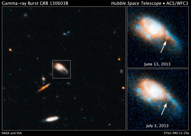 These images taken by NASA's Hubble Space Telescope reveal a new type of stellar explosion produced from the merger of two compact objects. Credit: NASA, ESA, N. Tanvir (University of Leicester), A. Fruchter (STScI), and A. Levan (University of Warwick) These images taken by NASA's Hubble Space Telescope reveal a new type of stellar explosion produced from the merger of two compact objects. Credit: NASA, ESA, N. Tanvir (University of Leicester), A. Fruchter (STScI), and A. Levan (University of Warwick)