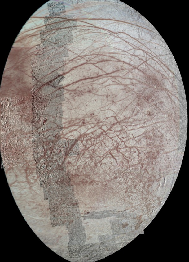 This view of Jupiter's moon Europa features several regional-resolution mosaics overlaid on a lower resolution global view for context. Image Credit: NASA/JPL-Caltech/University of Arizona This view of Jupiter's moon Europa features several regional-resolution mosaics overlaid on a lower resolution global view for context. Image Credit: NASA/JPL-Caltech/University of Arizona