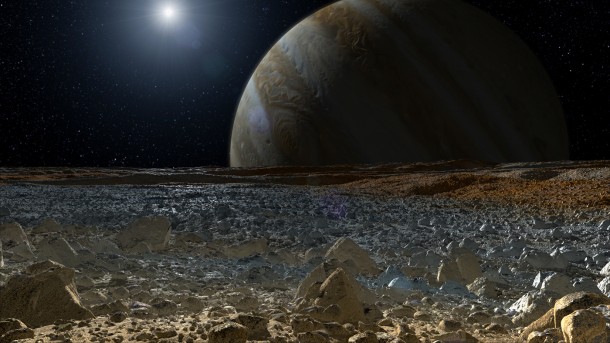 This artist's concept shows a simulated view from the surface of Jupiter's moon Europa. Image Credit: NASA/JPL-Caltech This artist's concept shows a simulated view from the surface of Jupiter's moon Europa. Image Credit: NASA/JPL-Caltech