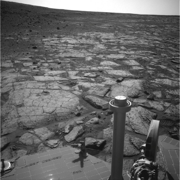 NASA's Mars Exploration Rover Opportunity used its navigation camera (Navcam) to record this image of the northern end of "Solander Point," a raised section of the western rim of Endeavour Crater. Image credit: NASA/JPL-Caltech NASA's Mars Exploration Rover Opportunity used its navigation camera (Navcam) to record this image of the northern end of "Solander Point," a raised section of the western rim of Endeavour Crater. Image credit: NASA/JPL-Caltech