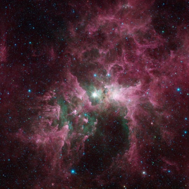 Massive stars can wreak havoc on their surroundings, as can be seen in this new view of the Carina nebula from NASA's Spitzer Space Telescope. Image credit: NASA/JPL-Caltech Massive stars can wreak havoc on their surroundings, as can be seen in this new view of the Carina nebula from NASA's Spitzer Space Telescope. Image credit: NASA/JPL-Caltech