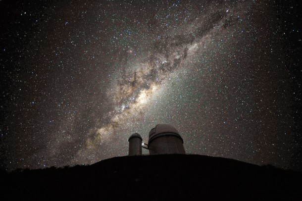 The ESO 3.6-metre telescope at La Silla, during observations. The Milky Way, our own galaxy, stretches across the picture: it is a disc-shaped structure seen perfectly edge-on. Credit: ESO/S. Brunier The ESO 3.6-metre telescope at La Silla, during observations. The Milky Way, our own galaxy, stretches across the picture: it is a disc-shaped structure seen perfectly edge-on. Credit: ESO/S. Brunier