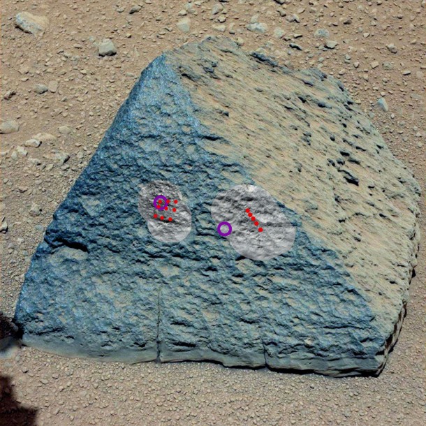 This image shows where NASA's Curiosity rover aimed two different instruments to study a rock known as "Jake Matijevic." Image Credit: NASA/JPL-Caltech/MSSS This image shows where NASA's Curiosity rover aimed two different instruments to study a rock known as "Jake Matijevic." Image Credit: NASA/JPL-Caltech/MSSS