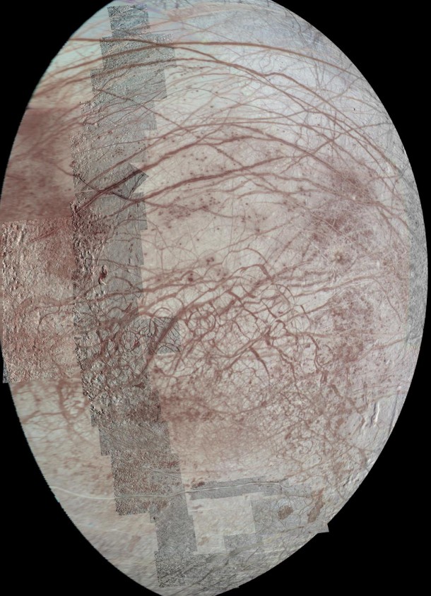 This view of Jupiter's moon Europa features several regional-resolution mosaics overlaid on a lower resolution global view for context. The regional views were obtained during several different flybys of the moon by NASA's Galileo mission, and they stretch from high northern to high southern latitudes. Prominent here are the long, arcuate (or arc-shaped) and linear markings called lineae (Latin for strings or threads), which are a signature feature of Europa's surface. Color saturation has been enhanced to bring out the subtle red coloration present along many of the lineae. The color data extends into the infrared, showing bluish ice (indicating larger ice grains) in the polar regions. Image credit: NASA/JPL-Caltech/University of Arizona This view of Jupiter's moon Europa features several regional-resolution mosaics overlaid on a lower resolution global view for context. The regional views were obtained during several different flybys of the moon by NASA's Galileo mission, and they stretch from high northern to high southern latitudes. Prominent here are the long, arcuate (or arc-shaped) and linear markings called lineae (Latin for strings or threads), which are a signature feature of Europa's surface. Color saturation has been enhanced to bring out the subtle red coloration present along many of the lineae. The color data extends into the infrared, showing bluish ice (indicating larger ice grains) in the polar regions. Image credit: NASA/JPL-Caltech/University of Arizona
