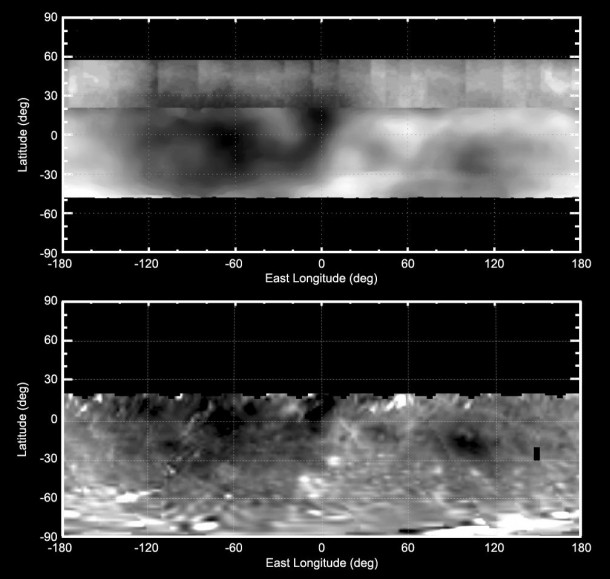These two maps of the giant asteroid Vesta show patterns of brightness from NASA's Hubble Space Telescope (top) and NASA's Dawn spacecraft (bottom). Image credit: NASA/ESA/PSI/MIT and NASA/JPL-Caltech/UCLA/MPS/DLR/IDA These two maps of the giant asteroid Vesta show patterns of brightness from NASA's Hubble Space Telescope (top) and NASA's Dawn spacecraft (bottom). Image credit: NASA/ESA/PSI/MIT and NASA/JPL-Caltech/UCLA/MPS/DLR/IDA