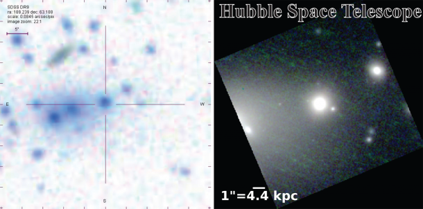These images highlight the most massive of the newly discovered compact galaxies known as "red nuggets." The photo at left from the Sloan Digital Sky Survey shows that the galaxy is so small it appears starlike. The higher resolution photo at right from the Hubble Space Telescope reveals the object's true, extended shape. Credit: SDSS (left), NASA (right) These images highlight the most massive of the newly discovered compact galaxies known as "red nuggets." The photo at left from the Sloan Digital Sky Survey shows that the galaxy is so small it appears starlike. The higher resolution photo at right from the Hubble Space Telescope reveals the object's true, extended shape. Credit: SDSS (left), NASA (right)