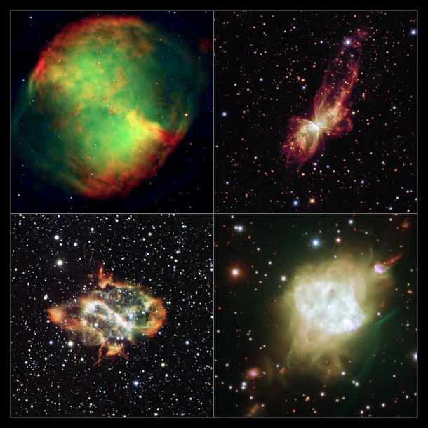 This group portrait shows four bipolar planetary nebulae imaged using ESO telescopes. Studies of similar objects in the central bulge of the Milky Way have revealed an unexpected alignment. The objects shown here are much closer to Earth than those used in the new study, but demonstrate the varied forms of these spectacular objects. The objects shown are: upper-left: the Dumbbell Nebula, Messier 27. upper-right: NGC 6302, lower-left: NGC 5189 and lower-right Fleming 1. Credit: ESO This group portrait shows four bipolar planetary nebulae imaged using ESO telescopes. Studies of similar objects in the central bulge of the Milky Way have revealed an unexpected alignment. The objects shown here are much closer to Earth than those used in the new study, but demonstrate the varied forms of these spectacular objects. The objects shown are: upper-left: the Dumbbell Nebula, Messier 27. upper-right: NGC 6302, lower-left: NGC 5189 and lower-right Fleming 1. Credit: ESO