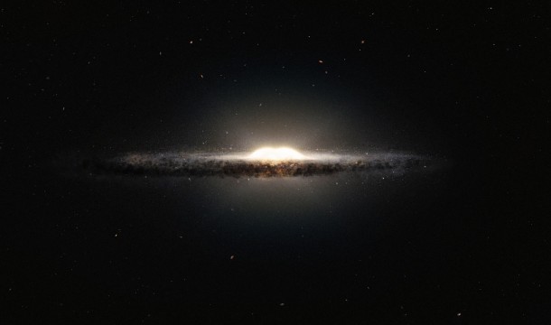 This artist’s impression shows how the Milky Way galaxy would look seen from almost edge on and from a very different perspective than we get from the Earth. The central bulge shows up as a peanut shaped glowing ball of stars and the spiral arms and their associated dust clouds form a narrow band. Credit: ESO/NASA/JPL-Caltech/M. Kornmesser/R. Hurt This artist’s impression shows how the Milky Way galaxy would look seen from almost edge on and from a very different perspective than we get from the Earth. The central bulge shows up as a peanut shaped glowing ball of stars and the spiral arms and their associated dust clouds form a narrow band. Credit: ESO/NASA/JPL-Caltech/M. Kornmesser/R. Hurt