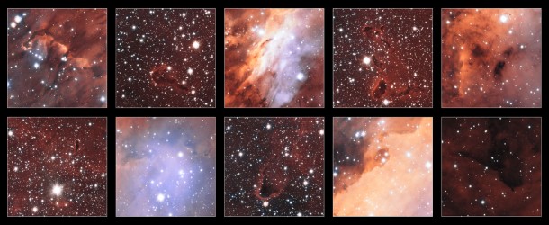 This collection of excerpts shows close-up views of some of the strange and spectacular features in the glowing jumble of gas clouds making up a huge stellar nursery nicknamed the Prawn Nebula. Taken using the VLT Survey Telescope at ESO’s Paranal Observatory in Chile, this may well be the sharpest picture ever taken of this object. This image also contains information from images of this object taken by Martin Pugh. Credit: ESO. Acknowledgement: Martin Pugh This collection of excerpts shows close-up views of some of the strange and spectacular features in the glowing jumble of gas clouds making up a huge stellar nursery nicknamed the Prawn Nebula. Taken using the VLT Survey Telescope at ESO’s Paranal Observatory in Chile, this may well be the sharpest picture ever taken of this object. This image also contains information from images of this object taken by Martin Pugh. Credit: ESO. Acknowledgement: Martin Pugh