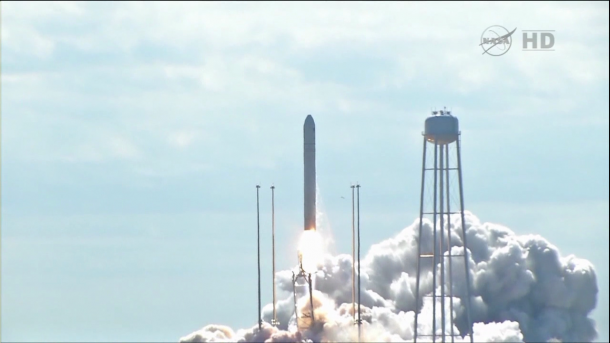 NASA commercial space partner Orbital Sciences Corp. of Dulles, Va., launches its Cygnus cargo spacecraft aboard its Antares rocket at 10:58 a.m. EDT Wednesday. Image Credit: NASA TV NASA commercial space partner Orbital Sciences Corp. of Dulles, Va., launches its Cygnus cargo spacecraft aboard its Antares rocket at 10:58 a.m. EDT Wednesday. Image Credit: NASA TV