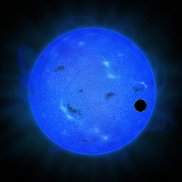 Figure 1: Artist's rendition of a transit of GJ 1214 b in blue light. The blue sphere represents the host star GJ 1214, and the black ball in front of it on the right is GJ 1214 b. (Credit: NAOJ) Figure 1: Artist's rendition of a transit of GJ 1214 b in blue light. The blue sphere represents the host star GJ 1214, and the black ball in front of it on the right is GJ 1214 b. (Credit: NAOJ)
