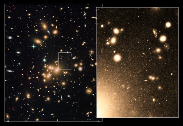 ´The image on the left, taken by Hubble’s Advanced Camera for Surveys (ACS), shows the numerous galaxies that make up Abell 1689. The box near the centre outlines one of the regions sampled by Hubble, containing a rich collection of globular clusters. The view on the right zooms into the region of this cluster that has been found to be packed with globular clusters. They appear as thousands of tiny white dots, like a blizzard of snowflakes. The larger white blobs are entire galaxies full of stars. Credit: NASA, ESA, J. Blakeslee (NRC Herzberg Astrophysics Program, Dominion Astrophysical Observatory), and K. Alamo-Martinez (National Autonomous University of Mexico) Acknowledgment: H. Ford (JHU) ´The image on the left, taken by Hubble’s Advanced Camera for Surveys (ACS), shows the numerous galaxies that make up Abell 1689. The box near the centre outlines one of the regions sampled by Hubble, containing a rich collection of globular clusters. The view on the right zooms into the region of this cluster that has been found to be packed with globular clusters. They appear as thousands of tiny white dots, like a blizzard of snowflakes. The larger white blobs are entire galaxies full of stars. Credit: NASA, ESA, J. Blakeslee (NRC Herzberg Astrophysics Program, Dominion Astrophysical Observatory), and K. Alamo-Martinez (National Autonomous University of Mexico) Acknowledgment: H. Ford (JHU)