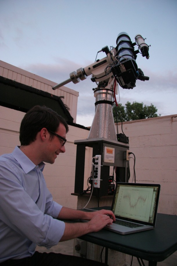 Lead developer Brett Morris using OSCAAR at the University of Maryland Observatory. Image Credit: Elizabeth Warner/University of Maryland Lead developer Brett Morris using OSCAAR at the University of Maryland Observatory. Image Credit: Elizabeth Warner/University of Maryland