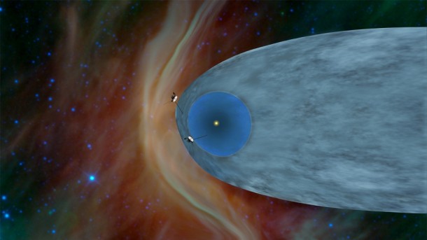 Beyond the Bubble: The general locations of Voyager 1 and 2 are shown in this illustration at the edge of the heliosphere, the bubble created by solar wind. Image credit: NASA/JPL-Caltech Beyond the Bubble: The general locations of Voyager 1 and 2 are shown in this illustration at the edge of the heliosphere, the bubble created by solar wind. Image credit: NASA/JPL-Caltech