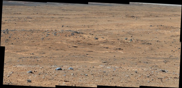 An outcrop visible as light-toned streaks in the lower center of this image has been chosen as a place for NASA's Mars rover Curiosity to study for a few days in September 2013. Image Credit: NASA/JPL-Caltech/MSSS An outcrop visible as light-toned streaks in the lower center of this image has been chosen as a place for NASA's Mars rover Curiosity to study for a few days in September 2013. Image Credit: NASA/JPL-Caltech/MSSS