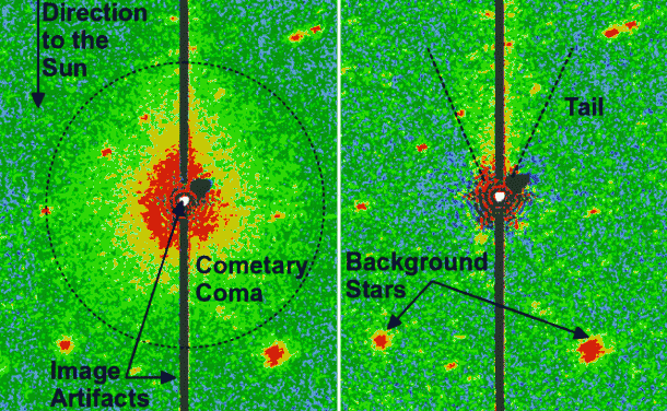 Don Quixote’s coma and tail (left) as seen in infrared light by NASA’s Spitzer Space Telescope. After image processing (right), the tail is more apparent. Image courtesy NASA/JPL-Caltech/DLR/NAU Don Quixote’s coma and tail (left) as seen in infrared light by NASA’s Spitzer Space Telescope. After image processing (right), the tail is more apparent. Image courtesy NASA/JPL-Caltech/DLR/NAU