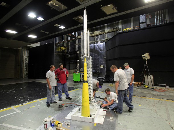 NASA engineers and contractors tested four different payload configurations during the liftoff transition testing of a 67.5-inch model of the SLS at NASA Langley Research Center’s 14-by-22-foot subsonic wind tunnel in Hampton, Va. Image Credit: NASA/LaRC NASA engineers and contractors tested four different payload configurations during the liftoff transition testing of a 67.5-inch model of the SLS at NASA Langley Research Center’s 14-by-22-foot subsonic wind tunnel in Hampton, Va. Image Credit: NASA/LaRC