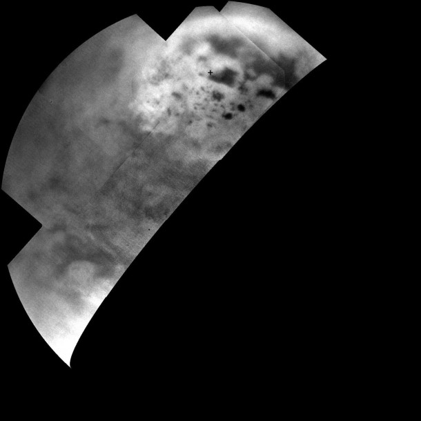 Ultracold hydrocarbon lakes and seas (dark shapes) near the north pole of Saturn's moon Titan can be seen embedded in some kind of bright surface material in this infrared mosaic from NASA's Cassini mission. Image credit: NASA/JPL-Caltech/SSI/JHUAPL/Univ. of Arizona Ultracold hydrocarbon lakes and seas (dark shapes) near the north pole of Saturn's moon Titan can be seen embedded in some kind of bright surface material in this infrared mosaic from NASA's Cassini mission. Image credit: NASA/JPL-Caltech/SSI/JHUAPL/Univ. of Arizona